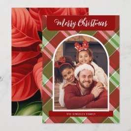 Cartão De Festividades Foto Personalizada de Natal da xadrez Red Poinsett