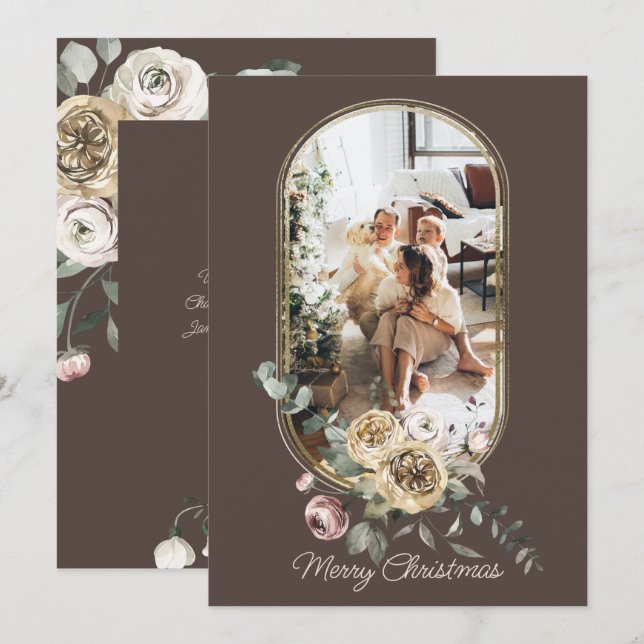 Cartão De Festividades Foto personalizada de Natal de Quadro Floral (Frente/Verso)