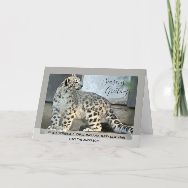 Cartão De Festividades Foto Personalizada de Natal do Leopardo Branco (Frente)