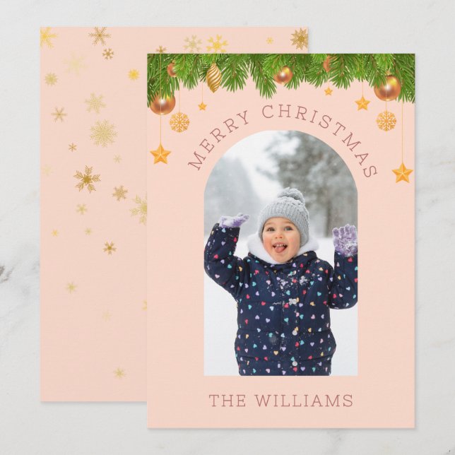 Cartão De Festividades Foto Personalizada de Natal Feliz, rosa Dourada (Frente/Verso)