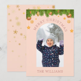 Cartão De Festividades Foto Personalizada de Natal Feliz, rosa Dourada