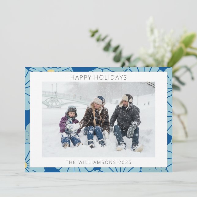 Cartão De Festividades Foto personalizada de padrão floral japonês azul (Em pé/Frente)