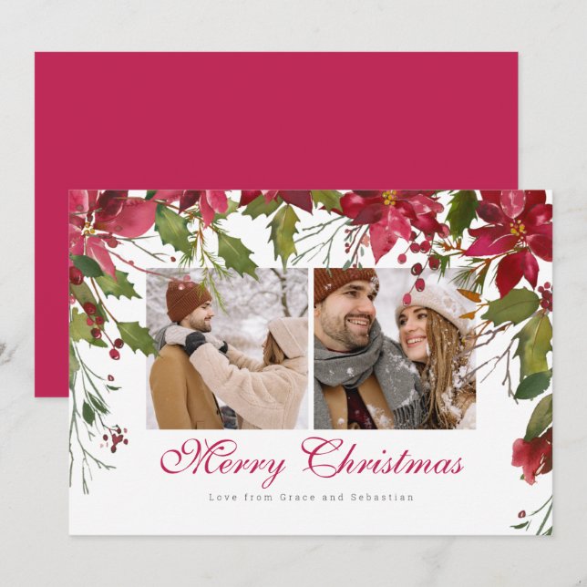 Cartão De Festividades Foto personalizada de Poinsettia de Natal (Frente/Verso)