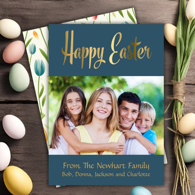 Cartão De Festividades Foto personalizada de script Dourado do felz pasco (Happy Easter Gold Script Custom Photo Holiday Card)