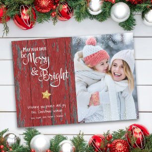 Cartão De Festividades Foto Personalizada De Script Rustic Red Wood Brigh