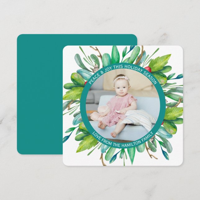 Cartão De Festividades Foto personalizada de wreath natalícia (Frente/Verso)