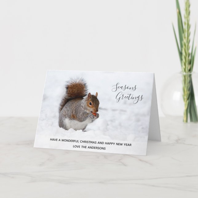 Cartão De Festividades Foto personalizada do cinza Squirrel Winter Snow X (Frente)