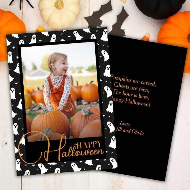 Cartão De Festividades Foto Personalizada Do Dia Das Bruxas Preta E Laran (Black And Orange Ghostly Halloween Custom Photo Holiday Card)