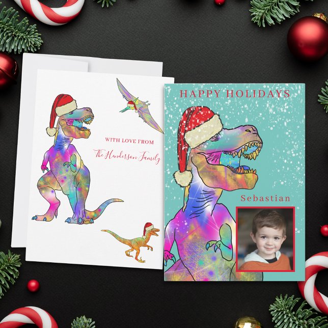 Cartão De Festividades Foto Personalizada Do Dinossauro De Natal (Christmas dinosaur custom photo family holiday greetings card)