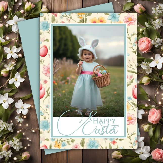 Cartão De Festividades Foto personalizada do Felz pascoa Floral Pastels (Floral Pastels Happy Easter Custom Photo Holiday Card)