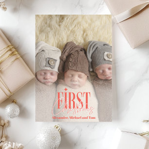 Cartão De Festividades Foto personalizada do primeiro Natal dos Triplets 