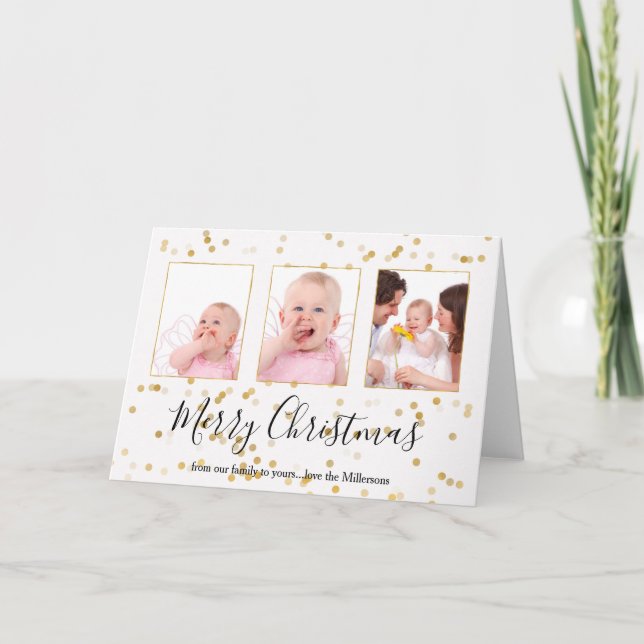 Cartão De Festividades Foto personalizada Dourada Confetti Natal (Frente)