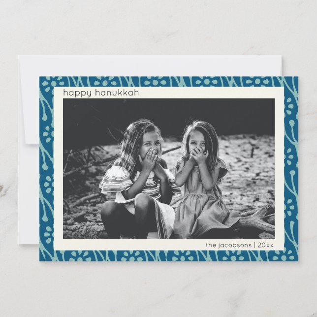 Cartão De Festividades Foto Personalizada Feliz Hanukkah Blue Floral Boho (Frente)