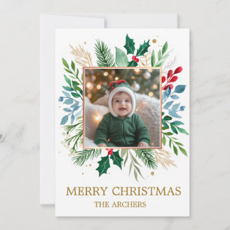 Cartão De Festividades Foto Personalizada Feliz Natal Aquarela Botânica