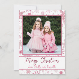 Cartão De Festividades Foto Personalizada Flocos de Neve Rosa Cumprimento