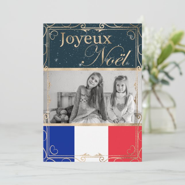 Cartão De Festividades Foto personalizada Joyeux Noël - Natal da bandeira (Em pé/Frente)