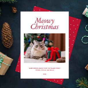 Cartão De Festividades Foto personalizada Red "Meowy Christmas"