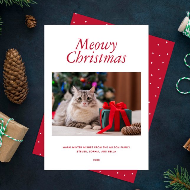 Cartão De Festividades Foto personalizada Red "Meowy Christmas" (Criador carregado)