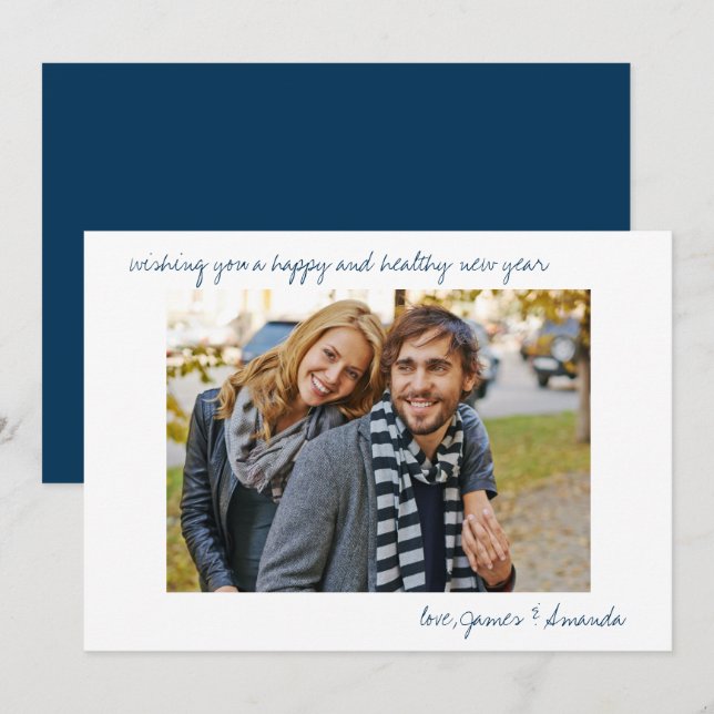 Cartão De Festividades Foto personalizada Script casual azul mínimo Ano n (Frente/Verso)