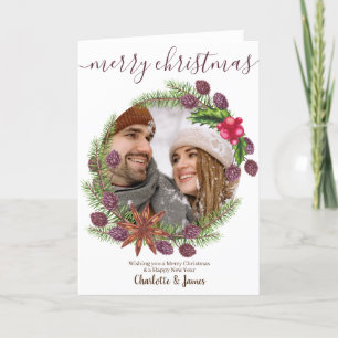 Cartão De Festividades Foto personalizada Wreath de Natal e Holly
