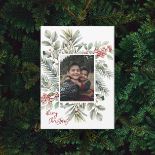 Cartão De Festividades Foto Pinheiro Verde Folhagem Vermelha Feliz Natal