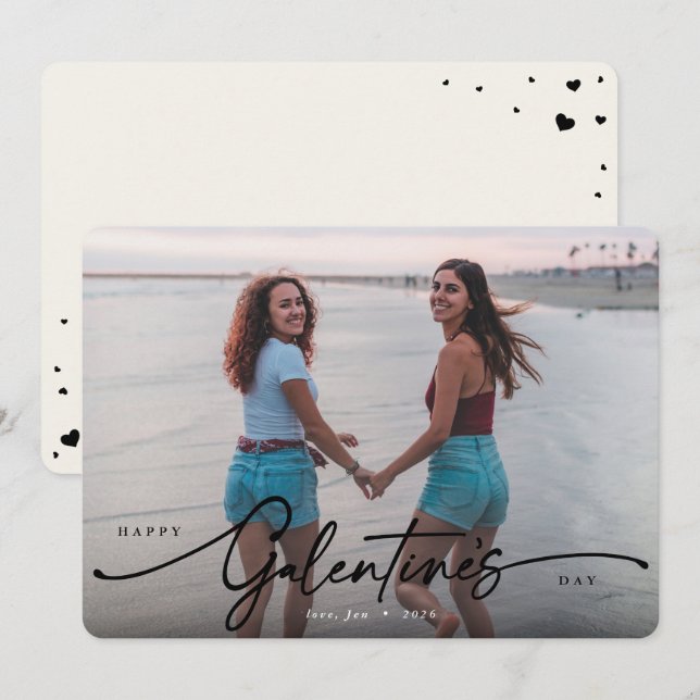 Cartão De Festividades Foto plana do dia de Galentine do Elegante Script (Frente/Verso)