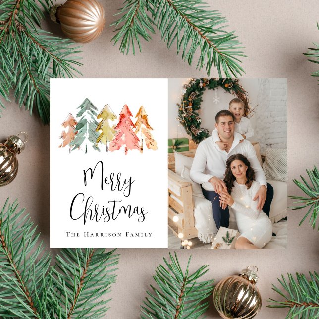 Cartão De Festividades Foto por Aquarela de Pinheiros de Natal (Share the love and warmth of the holiday season with this personalized photo Christmas card)