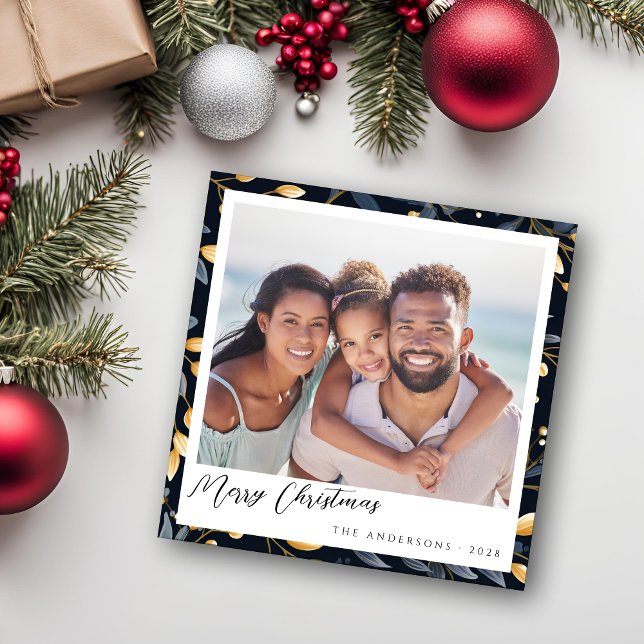 Cartão De Festividades Foto Quadrada De Folha De Natal Azul E Dourada Mod (Elegant Blue and Gold Leaves Square Christmas Card)