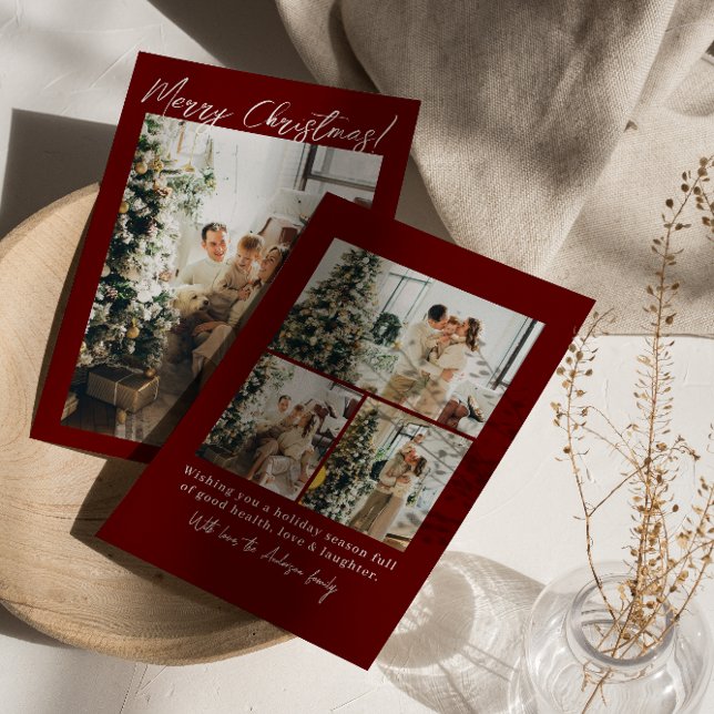 Cartão De Festividades Foto Red Maroon Winter Modern Family Christmas (Criador carregado)