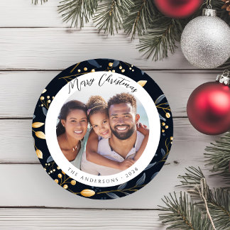 Cartão De Festividades Foto Redonda De Folha De Natal Azul E Dourada Mode