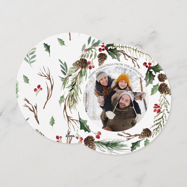 Cartão De Festividades Foto redonda Forest Berry Pinecone (Frente/Verso)