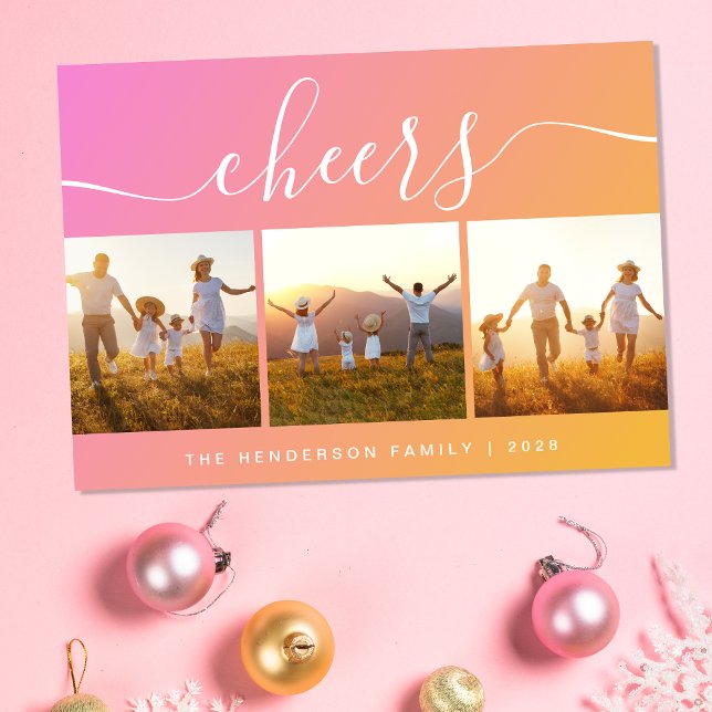 Cartão De Festividades Foto Rosa Moderno (This holiday season, let your family's smiles and heartwarming memories shine on our 3 photo card)