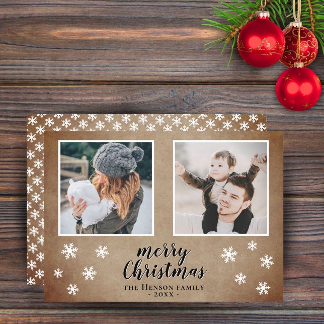 Cartão De Festividades Foto Rustic Family Snowflake Feliz Natal Feliz (Criador carregado)