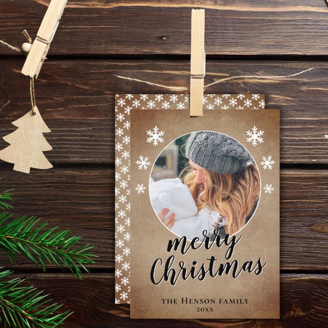 Cartão De Festividades Foto Rustic Family Snowflake Feliz Natal Feliz (Criador carregado)