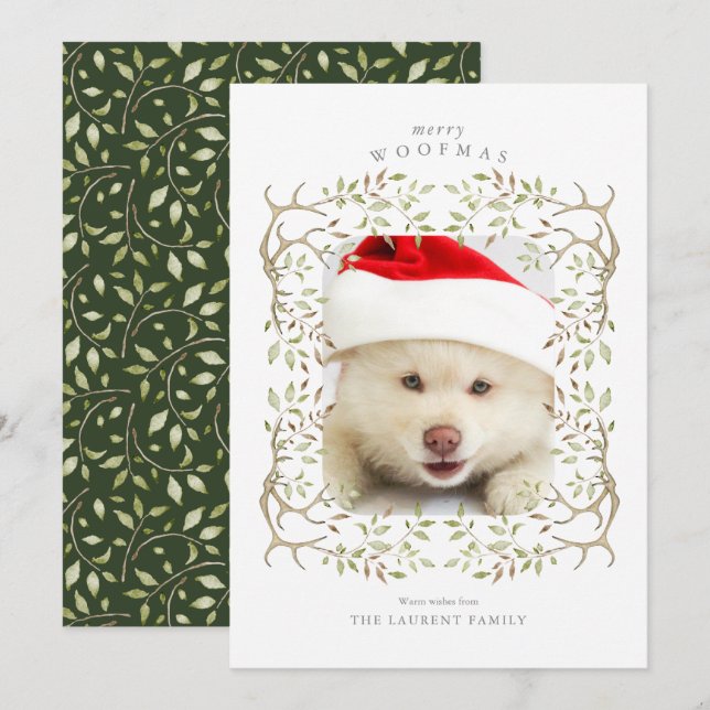 Cartão De Festividades Foto Rustic Pet Woodland Antler Wreath (Frente/Verso)