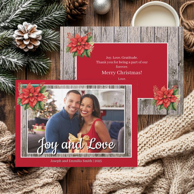 Cartão De Festividades Foto Rustic Wood Poinsettia Red Family (Red rustic wood and poinsettias photo "Joy and Love" Christmas card)