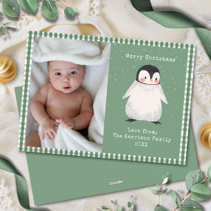 Cartão De Festividades Foto Simples da Família Verde Gingham