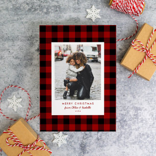 Cartão De Festividades Foto Simples de Natal com Moldura Vermelha de Xadr