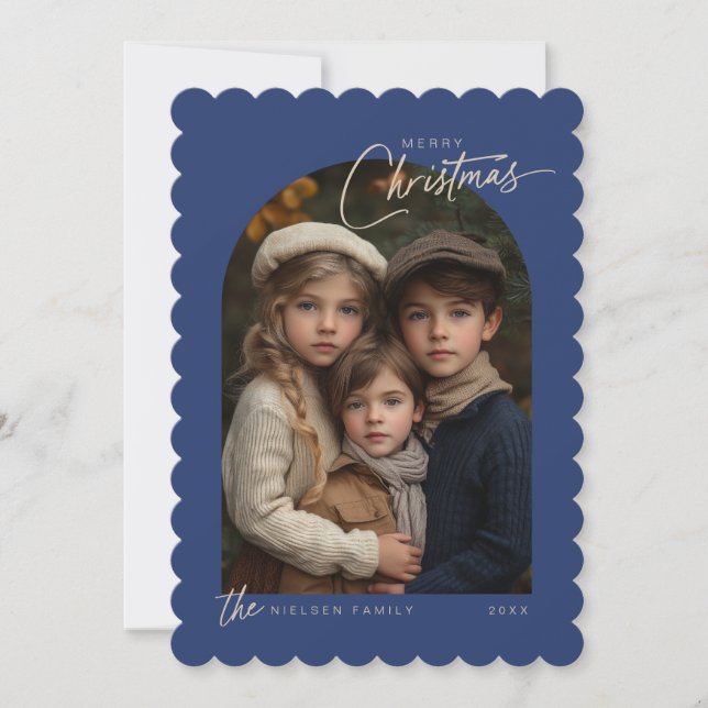 Cartão De Festividades Foto Simples do Script de Natal Merry Escalloped (Frente)