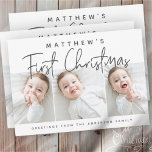 Cartão De Festividades Foto Simples, Três Moderna, do Primeiro Natal do B<br><div class="desc">A design na frente consiste na tipografia cursiva lúdica de "Primeiro Natal". Adicione fotos personalizadas do seu novo bebê e adicione o nome do bebê e da família. Este design é moderno,  chique,  brincalhão e divertido.</div>