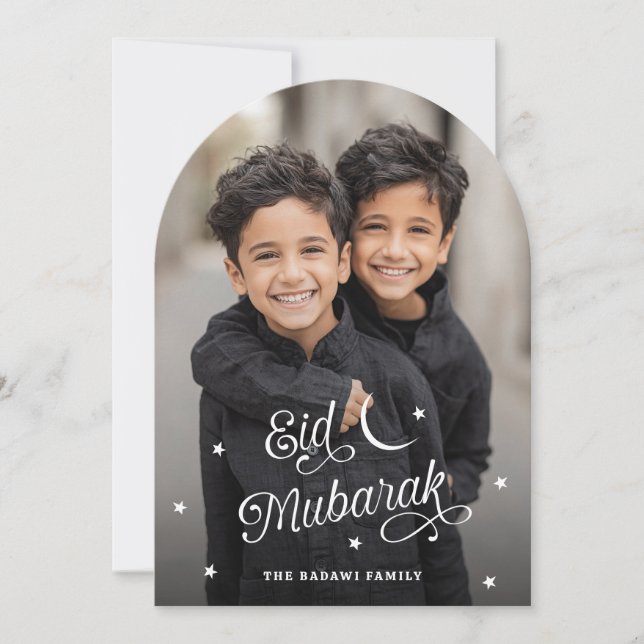 Cartão De Festividades Foto sobreposta de lua e estrelas brancas para Eid (Frente)