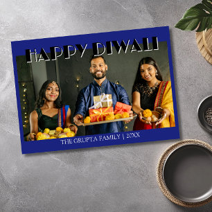 Cartão De Festividades Foto Tradicional de Diwali Feliz em Azul Meia-Noit