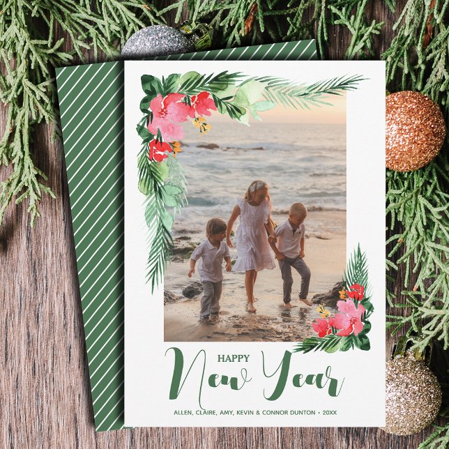 Cartão De Festividades Foto Tropical Floral Feliz Ano Novo (Tropical Floral Happy New Year Photo Holiday Cards - Order INSTANT DOWNLOAD and/or PRINTED or both!)