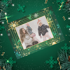 Cartão De Festividades Foto Verde Dourado Floco de Neve Xmas Natal Feriad