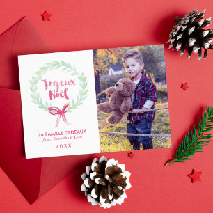 Cartão De Festividades Foto verde e vermelha de Joyeux Noël da grinalda