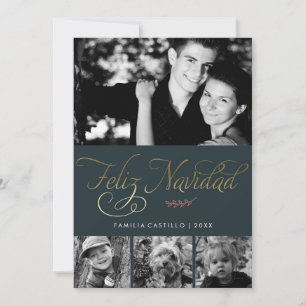 Cartão De Festividades Foto verde-escura e Dourada Feliz Navidad