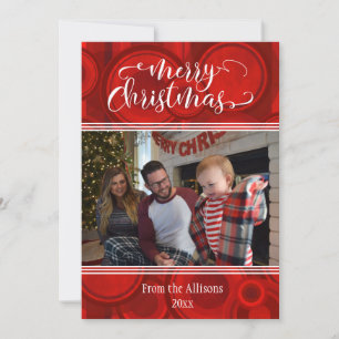 Cartão De Festividades Foto Vermelha de Natal Alegre com Círculos e Listr