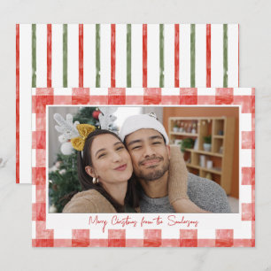 Cartão De Festividades Foto Vermelha de Natal em Xadrez com Aquarela Aleg