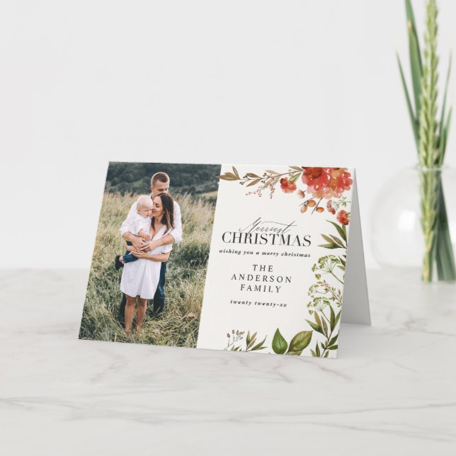 Cartão De Festividades Foto vermelha e verde da folhagem de Natal (Frente)