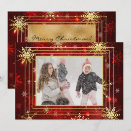 Cartão De Festividades Foto Vermelho Dourado Floco de Neve Xmas Natal Fer